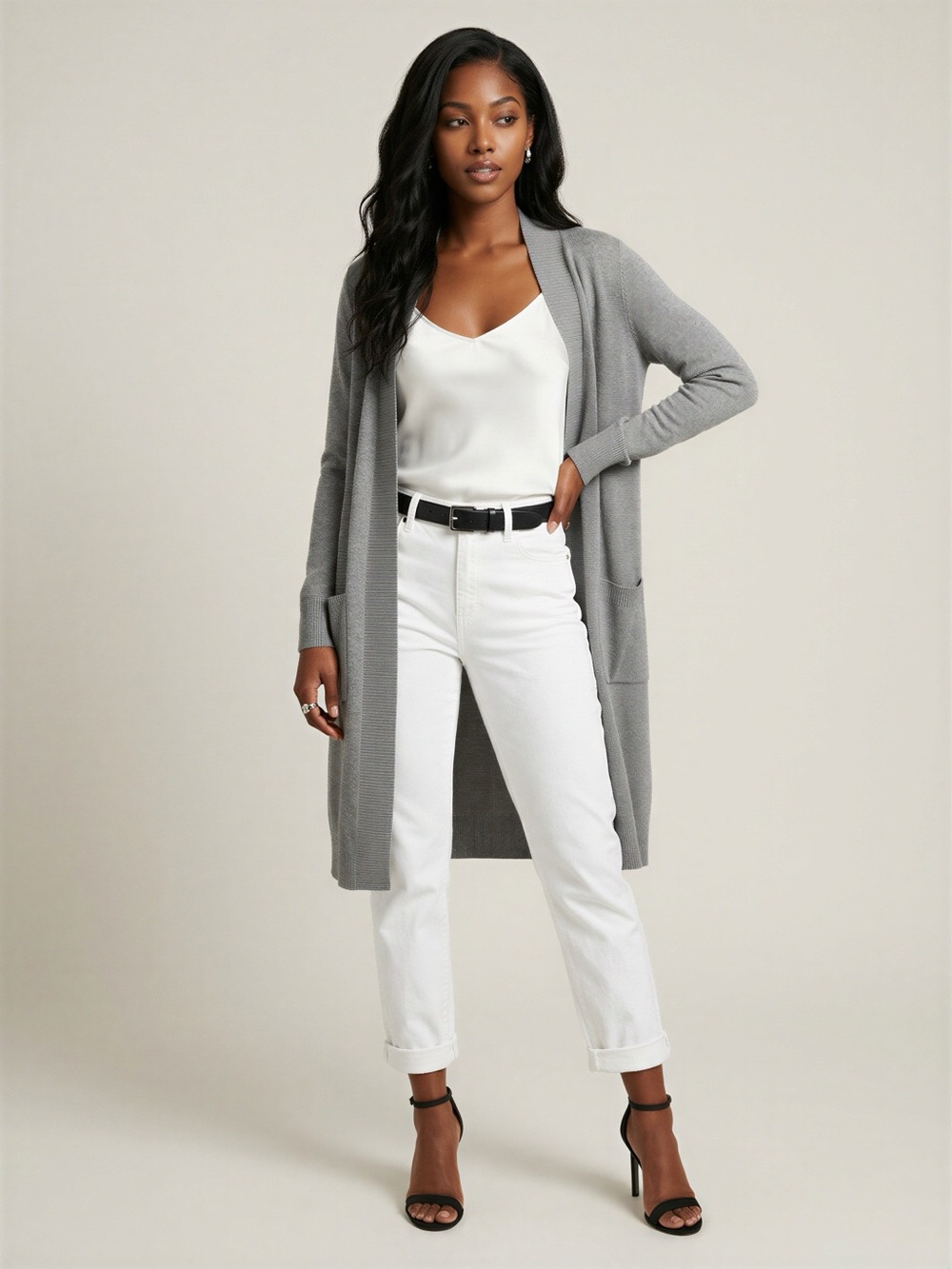 Light Gray Open-Front Duster Cardigan
